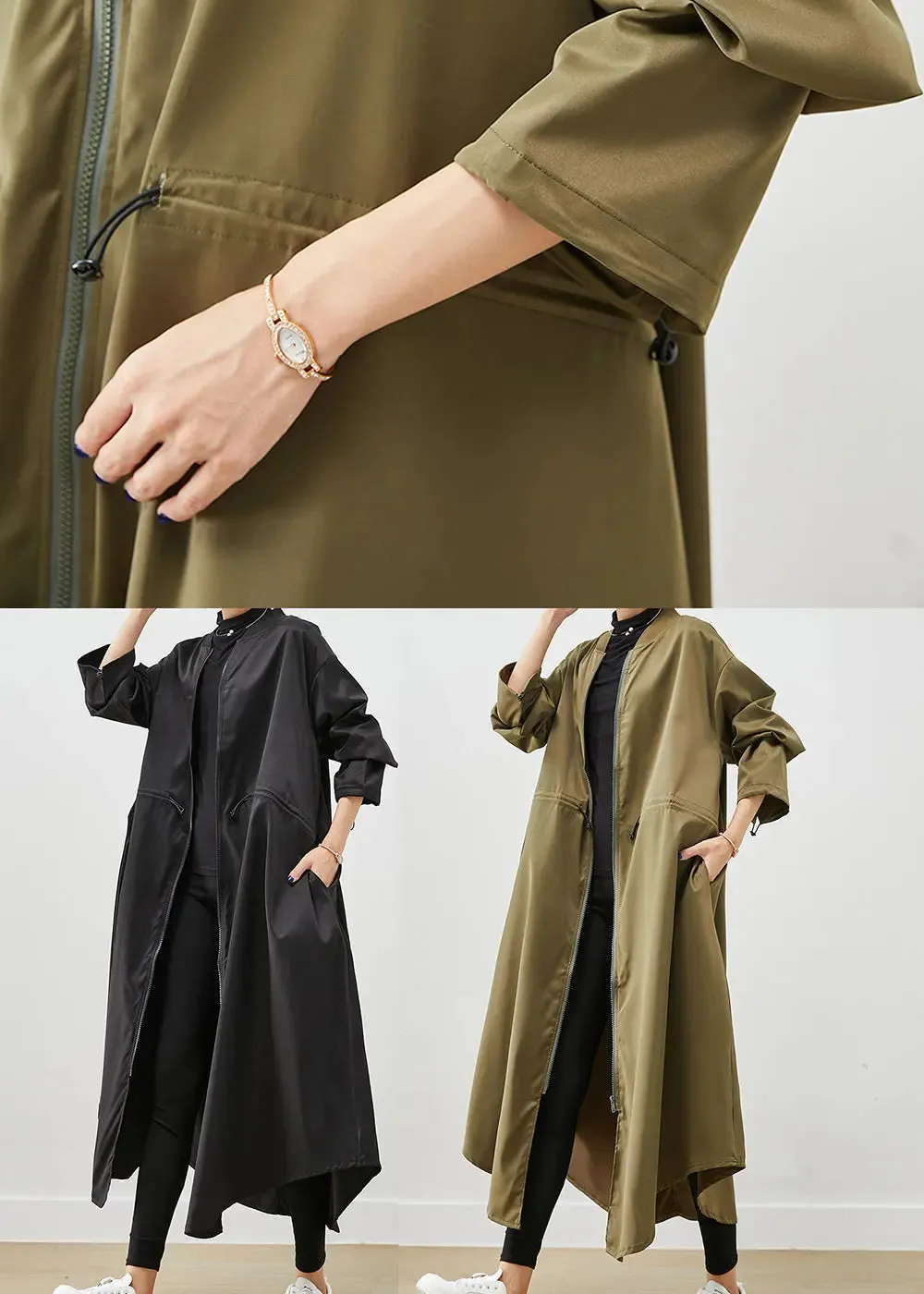 Army Green Spandex Trench Coats Zip Up Drawstring Fall ML0474