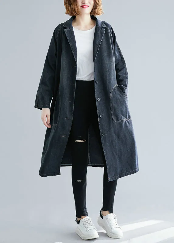 Black Notched Pockets Denim Trench Fall