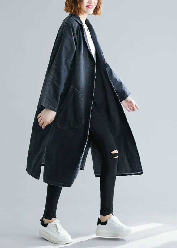 Black Notched Pockets Denim Trench Fall