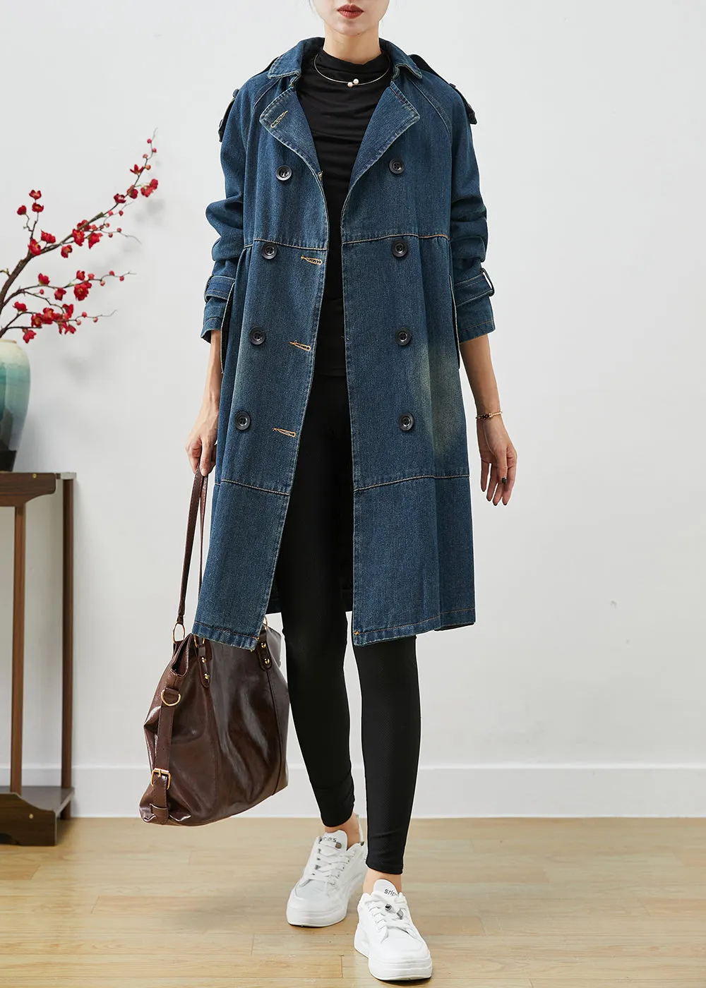 Blue Oversized Double Breast Denim Trench Coats Fall