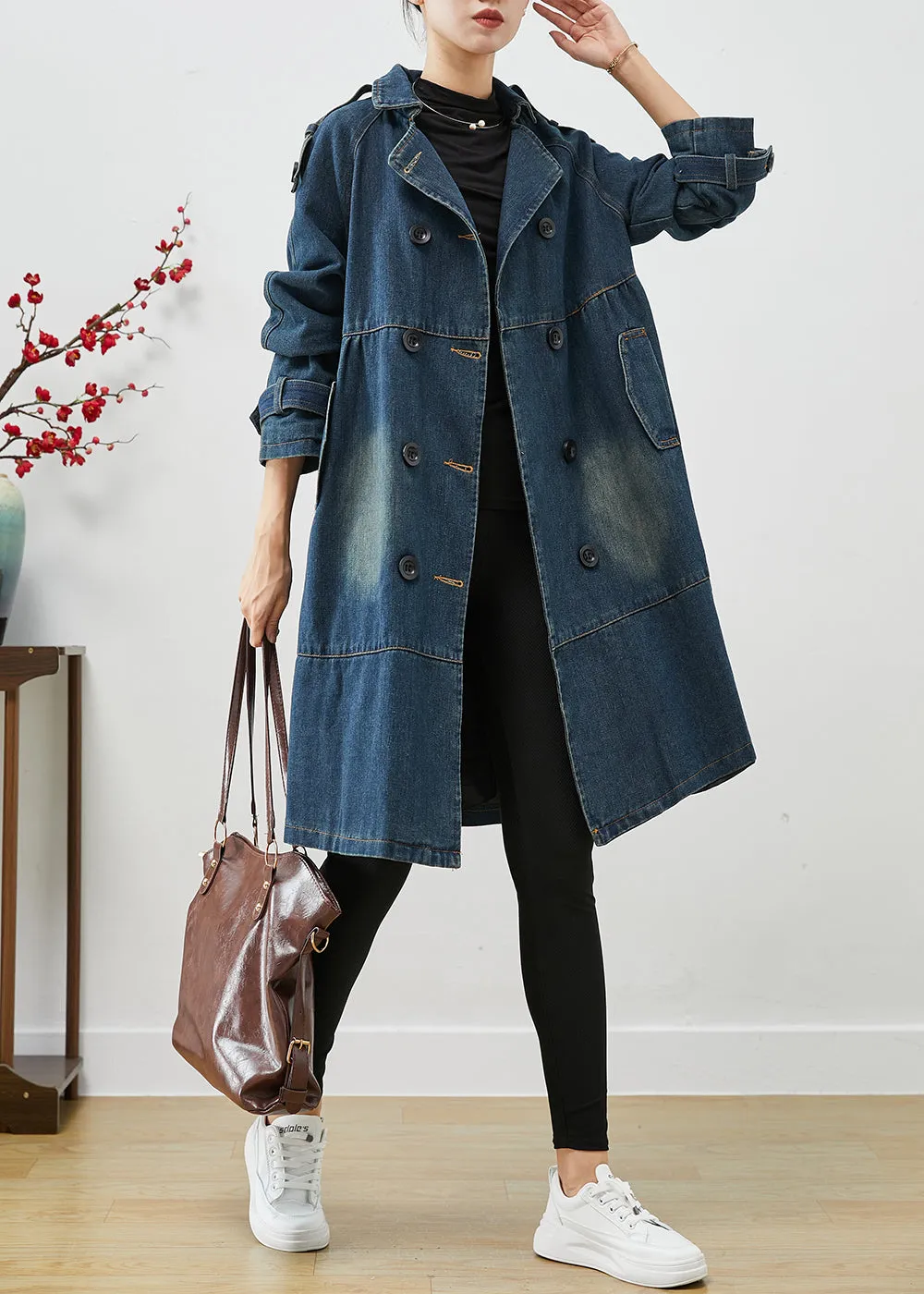 Blue Oversized Double Breast Denim Trench Coats Fall