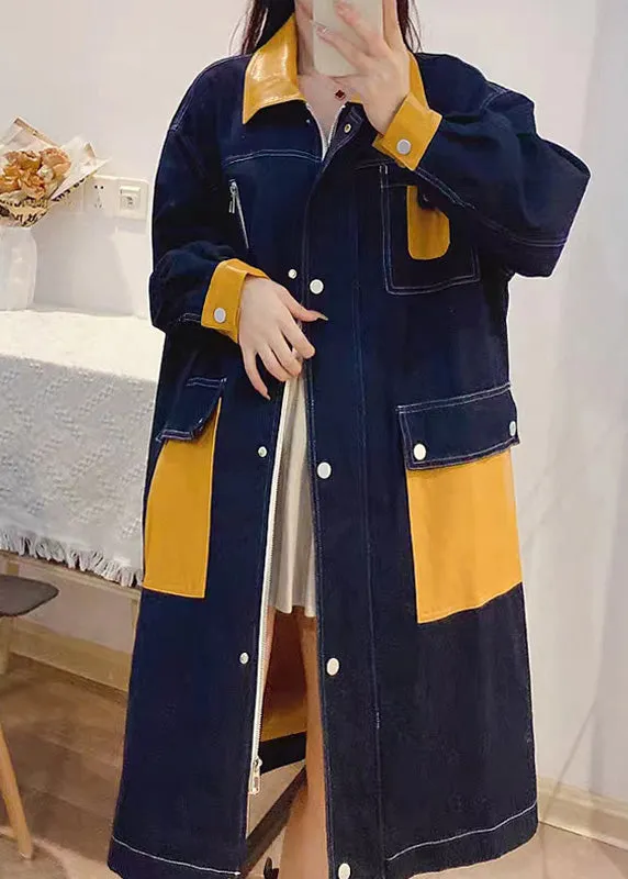 Bohemian Denim Blue Peter Pan Collar Patchwork Zippered Button Linen Long Trench Coats Fall