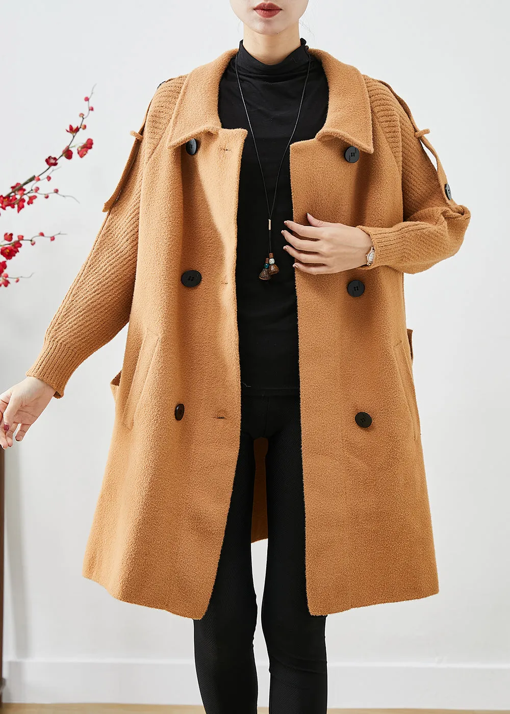 Boho Light Camel Double Breast Patchwork Knit Woolen Trench Coats Fall LY9257