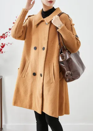 Boho Light Camel Double Breast Patchwork Knit Woolen Trench Coats Fall LY9257