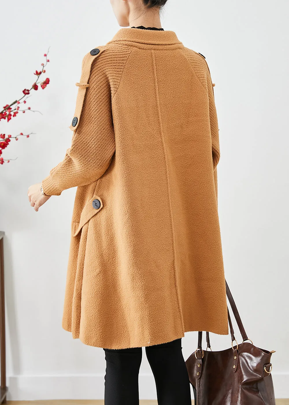 Boho Light Camel Double Breast Patchwork Knit Woolen Trench Coats Fall LY9257