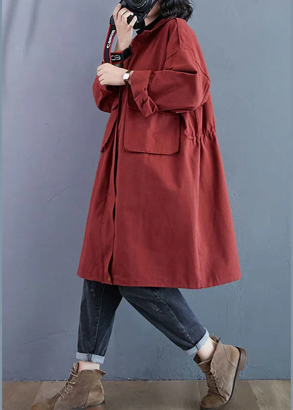 Chic Red Stand Collar Zippered Pockets Fall Long Sleeve Trench Coats