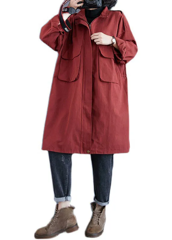 Chic Red Stand Collar Zippered Pockets Fall Long Sleeve Trench Coats