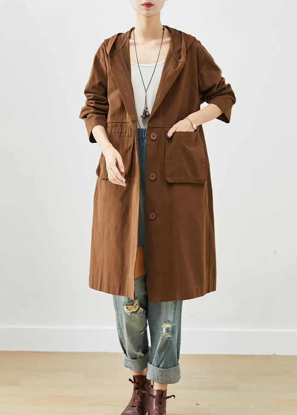 Chocolate Cotton Trench Hooded Pockets Fall ML3257