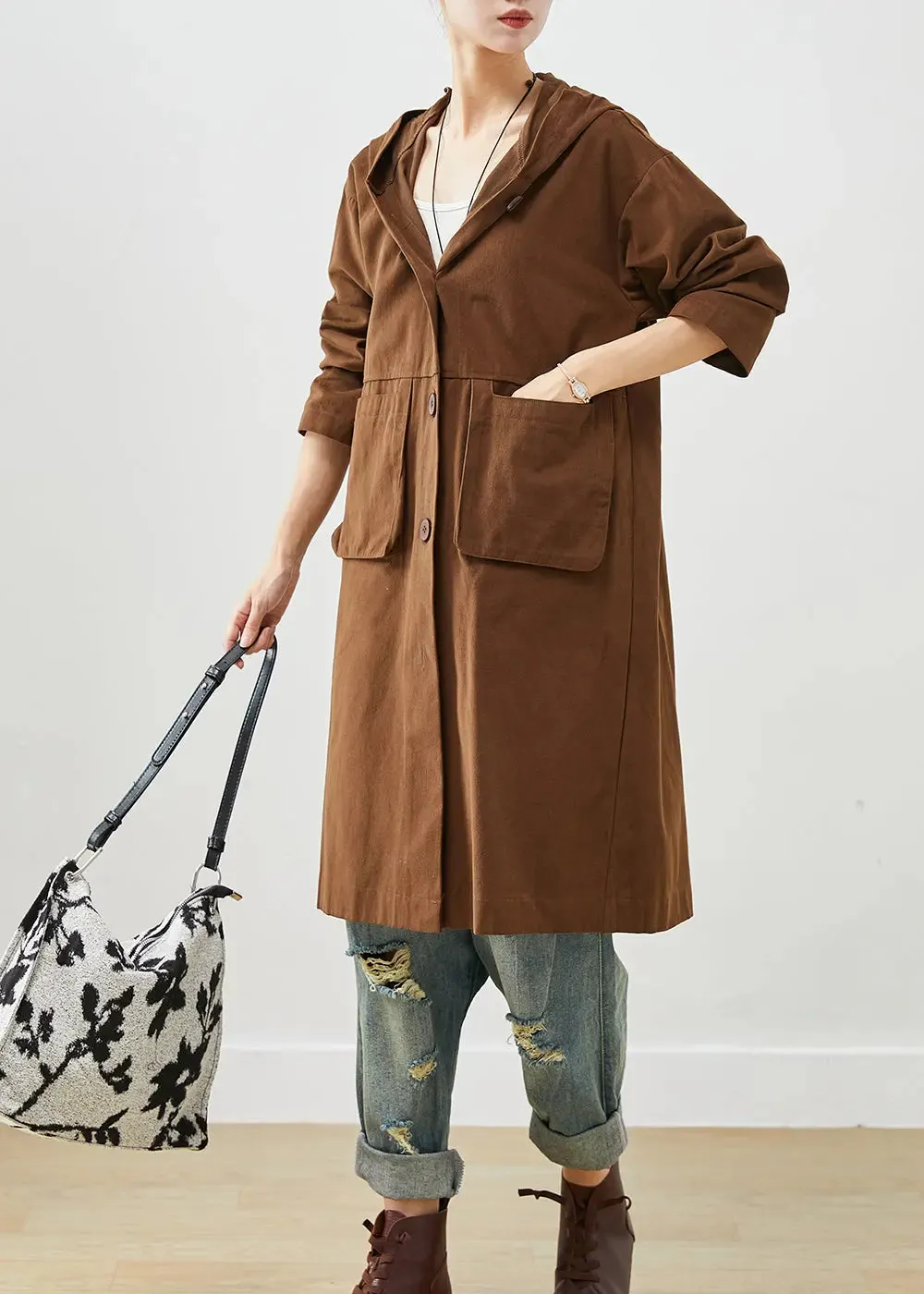 Chocolate Cotton Trench Hooded Pockets Fall ML3257