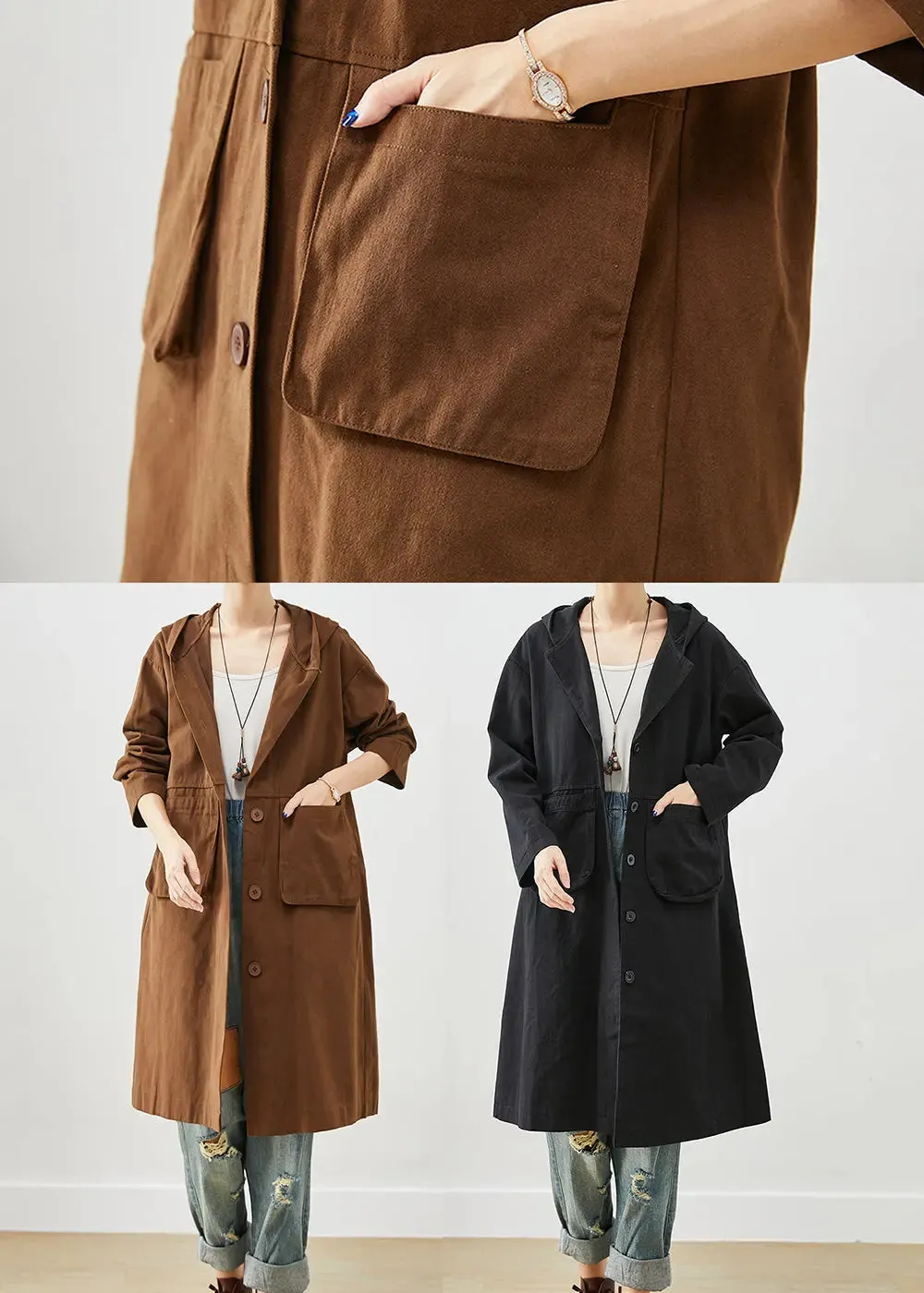 Chocolate Cotton Trench Hooded Pockets Fall ML3257