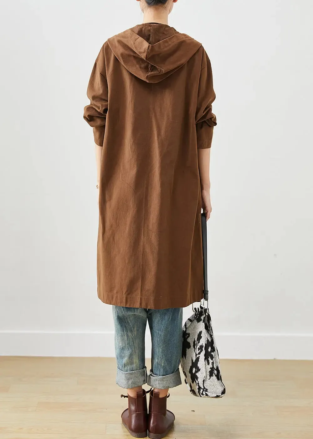 Chocolate Cotton Trench Hooded Pockets Fall ML3257