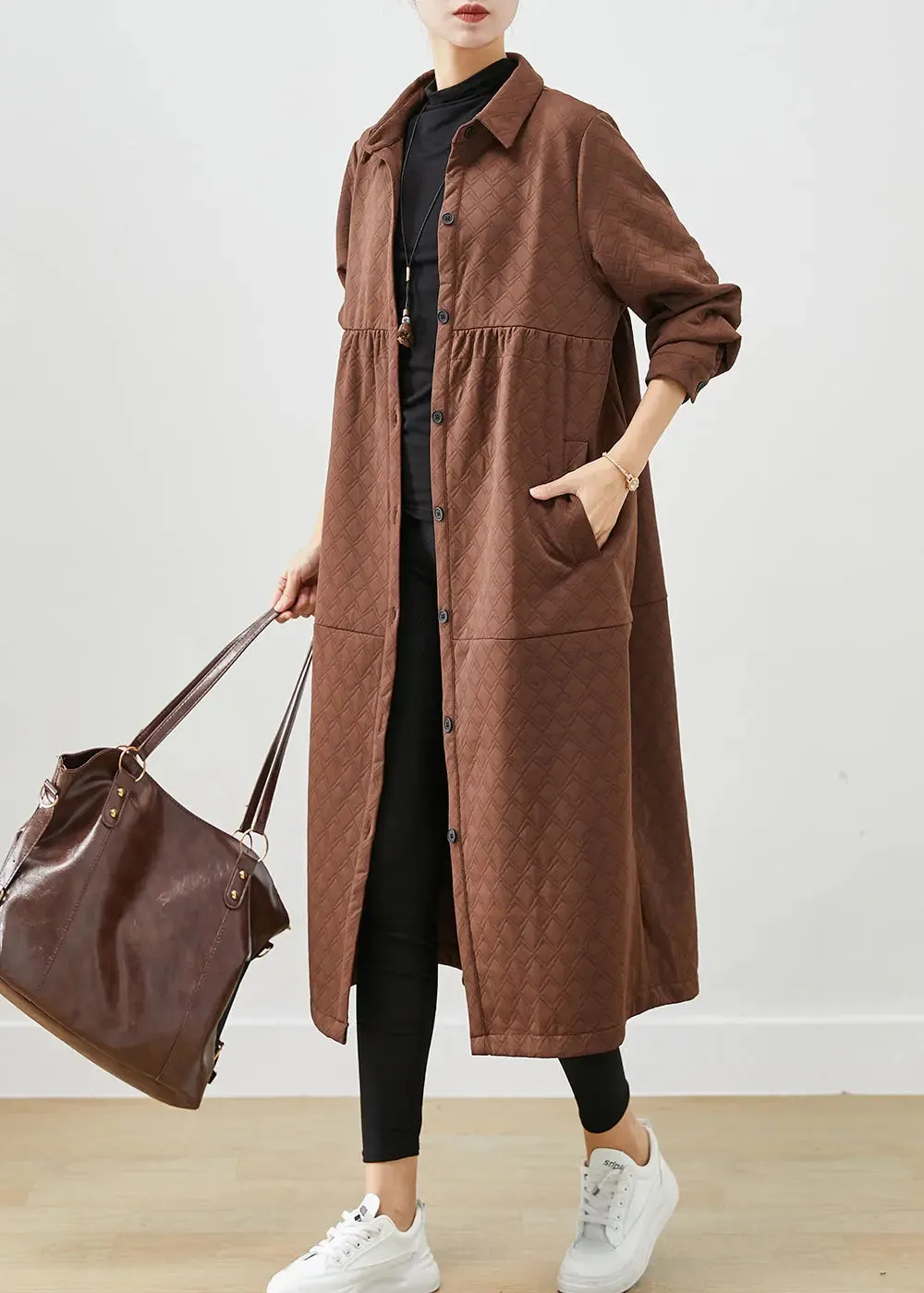 Chocolate Patchwork Cotton Trench Coats Oversized Pockets Fall ML3258