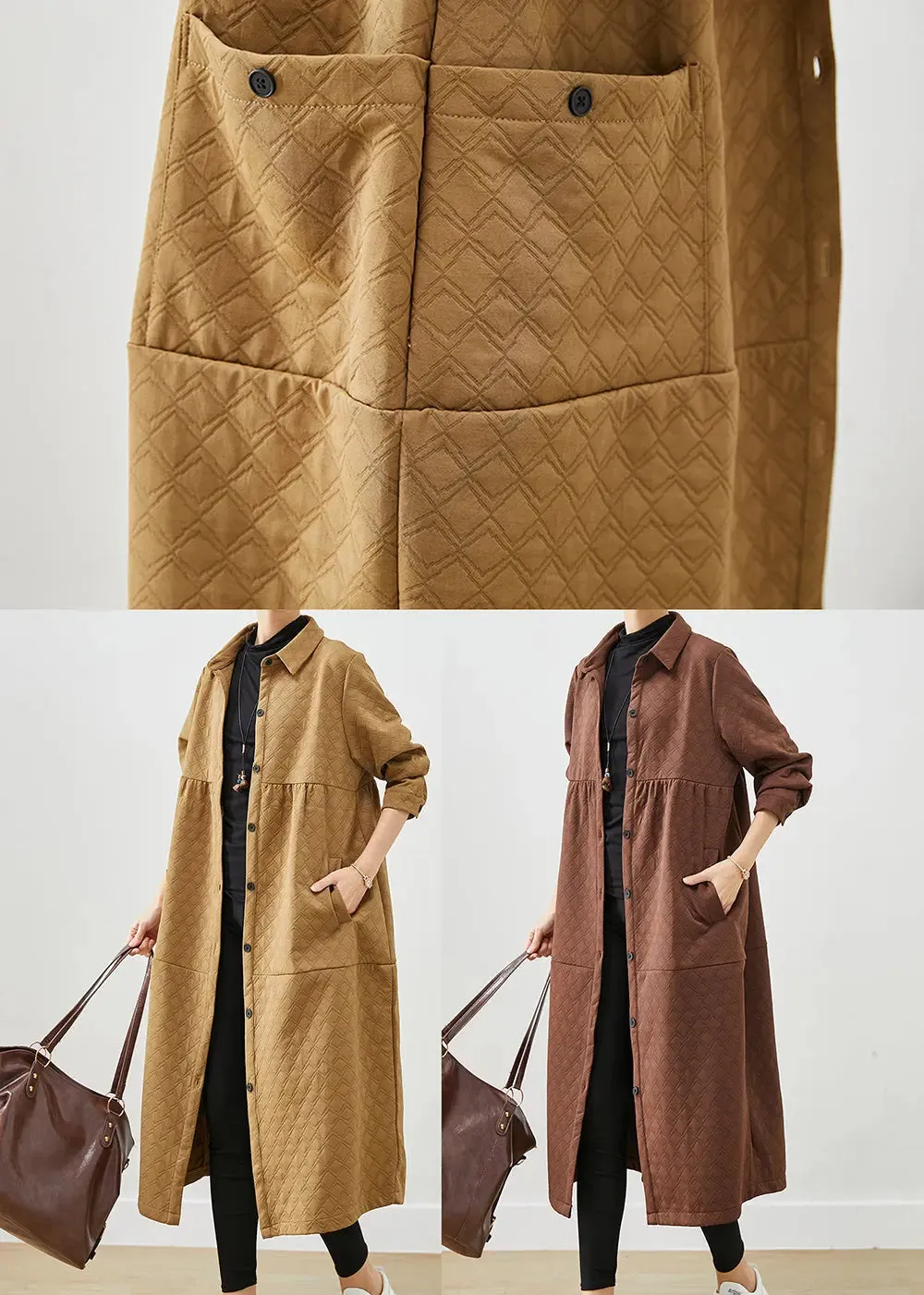 Chocolate Patchwork Cotton Trench Coats Oversized Pockets Fall ML3258