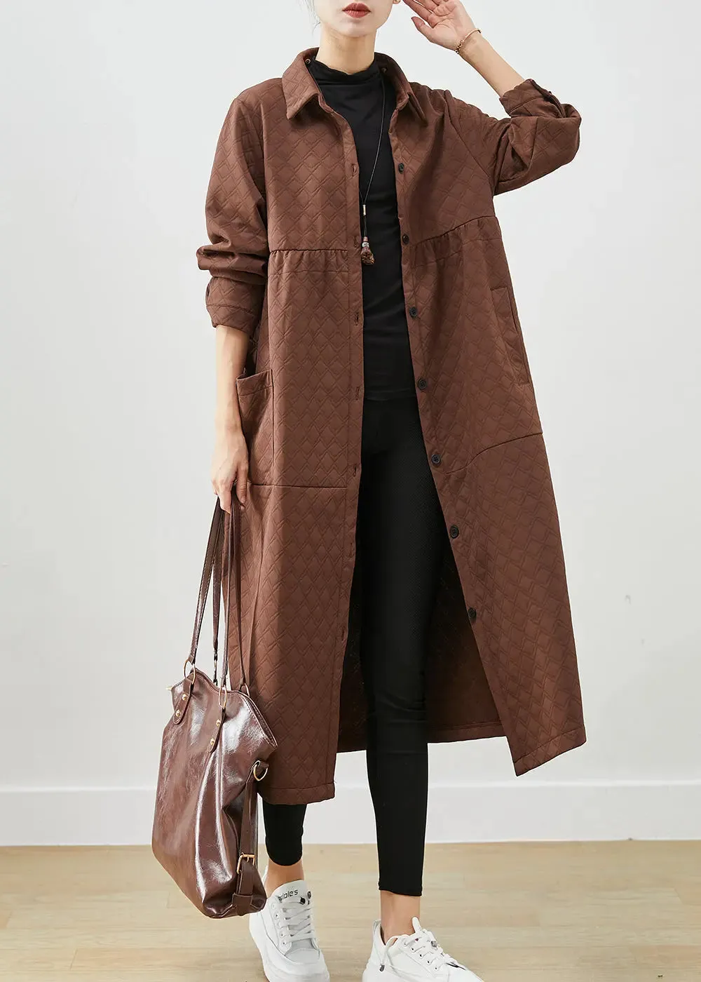 Chocolate Patchwork Cotton Trench Coats Oversized Pockets Fall ML3258