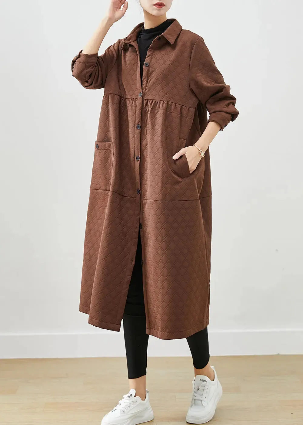 Chocolate Patchwork Cotton Trench Coats Oversized Pockets Fall ML3258