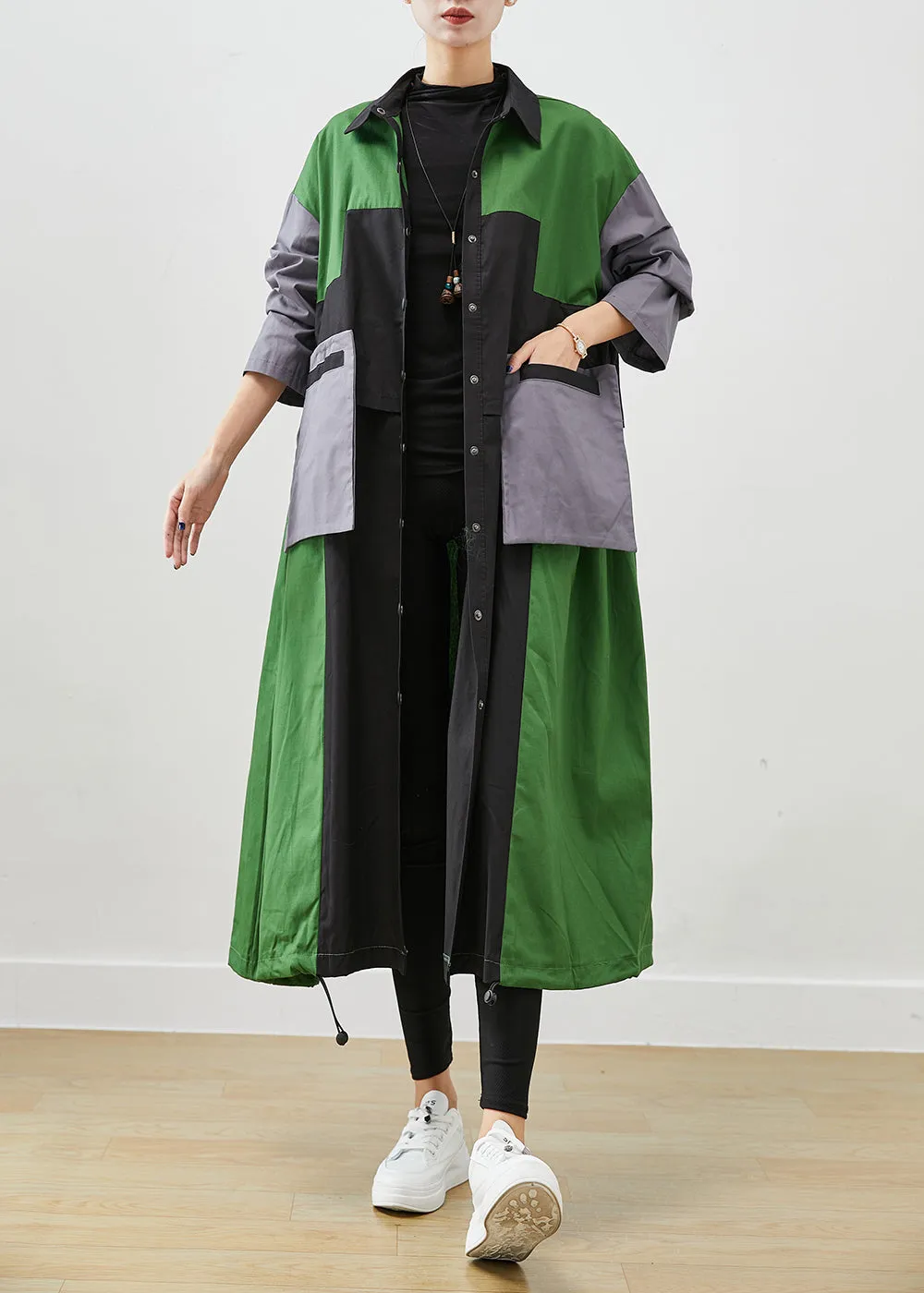 Diy Green Oversized Patchwork Pockets Cotton Coats Fall ML1925