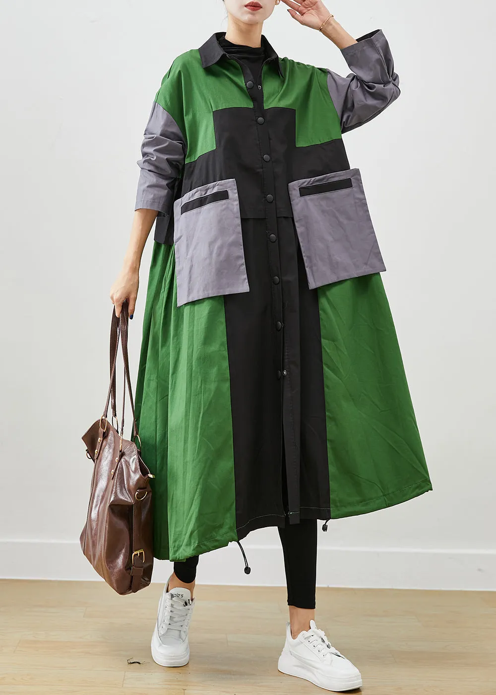 Diy Green Oversized Patchwork Pockets Cotton Coats Fall ML1925