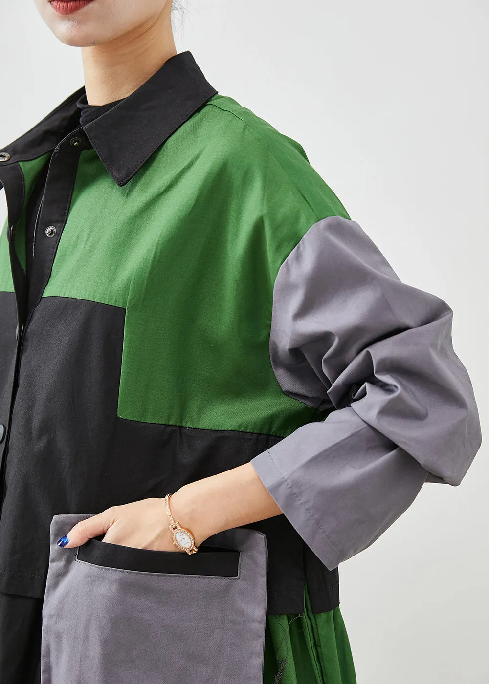 Diy Green Oversized Patchwork Pockets Cotton Coats Fall ML1925