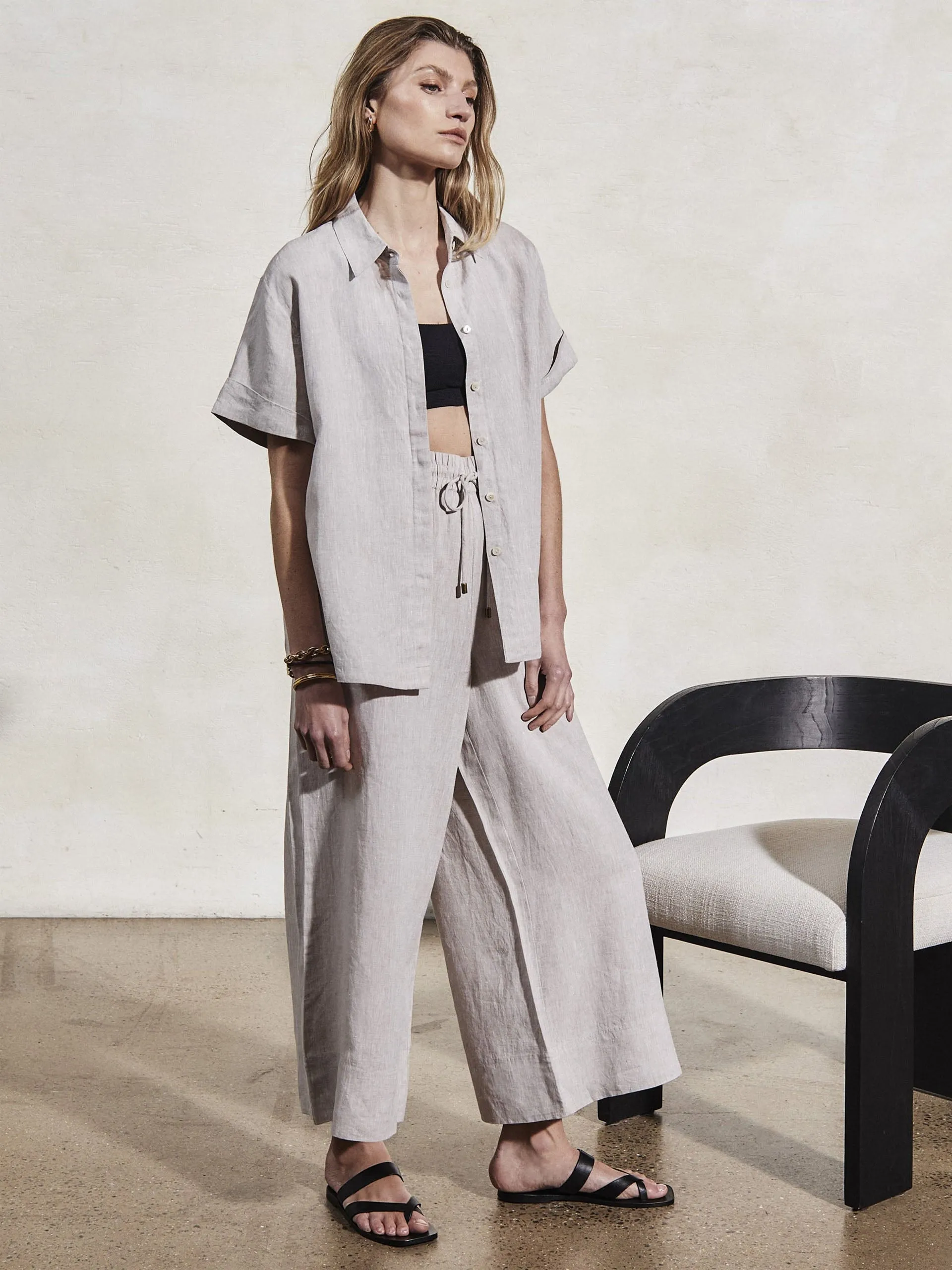 Doris stone linen cropped trousers