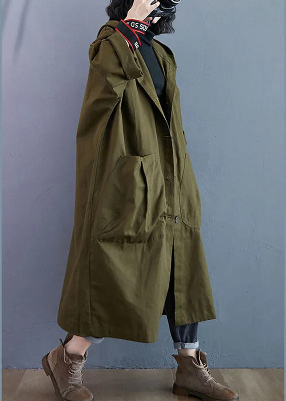 Elegant Army Green Pockets Button Fall Hooded Long sleeve Trench Coats