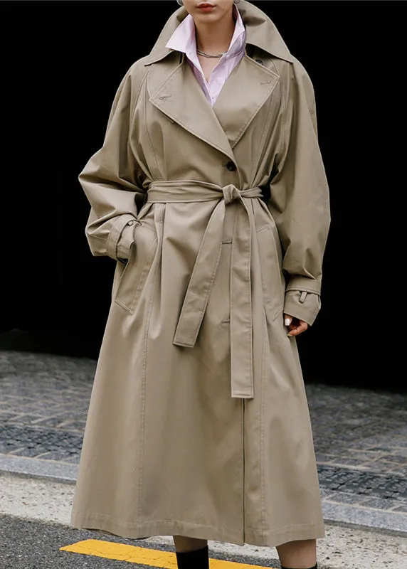 Elegant Khaki Peter Pan Collar Tie Waist Button Pockets Cotton Trench Coats Long Sleeve