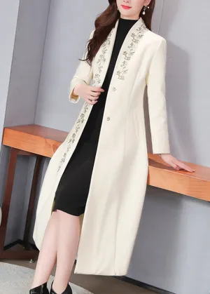 Elegant White V Neck Woolen Long Trench Coats Spring LY1713