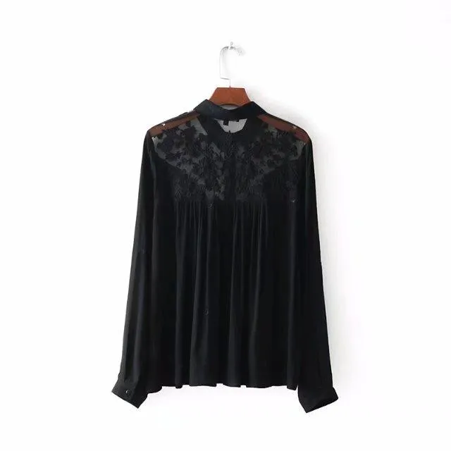 England Style Sexy Lace Splice Long Sleeve Blouse