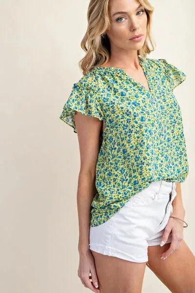 Floral Notched Ruffle Cap Sleeve Blouse: Your Style, Your Way