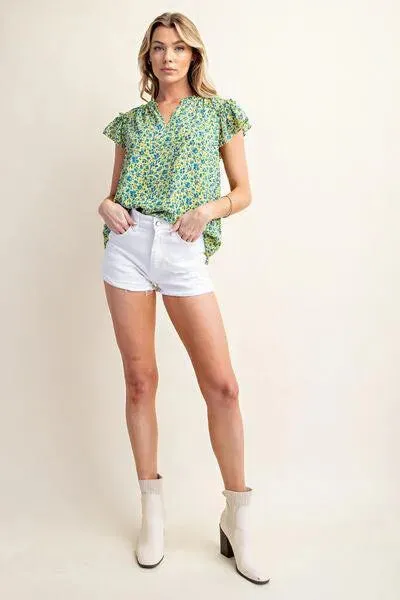 Floral Notched Ruffle Cap Sleeve Blouse: Your Style, Your Way