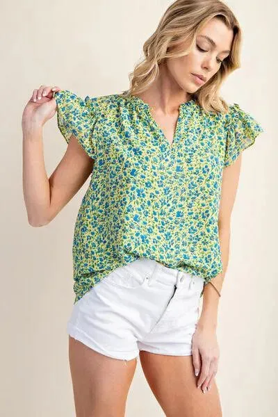 Floral Notched Ruffle Cap Sleeve Blouse: Your Style, Your Way