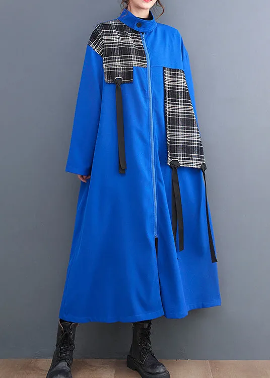 French Blue Peter Pan Collar Plaid Patchwork Zippered Long Trench Coats Spring LY0649