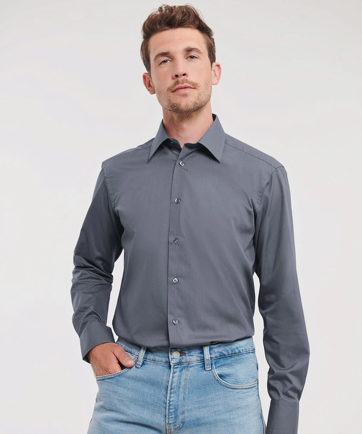 French Navy - Long sleeve polycotton easycare fitted poplin shirt