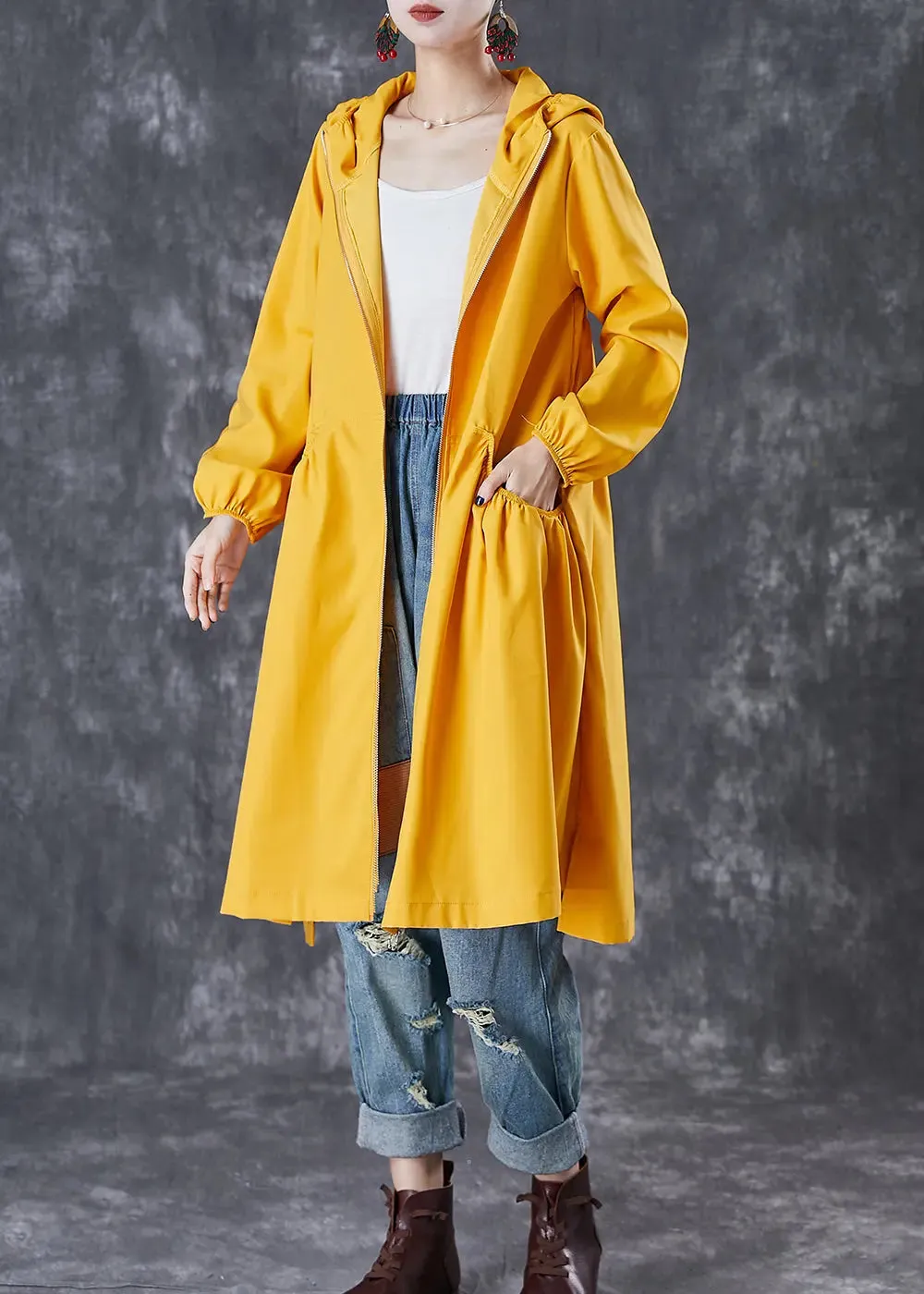 French Yellow Hooded Pockets Trench Coats Fall ML2984