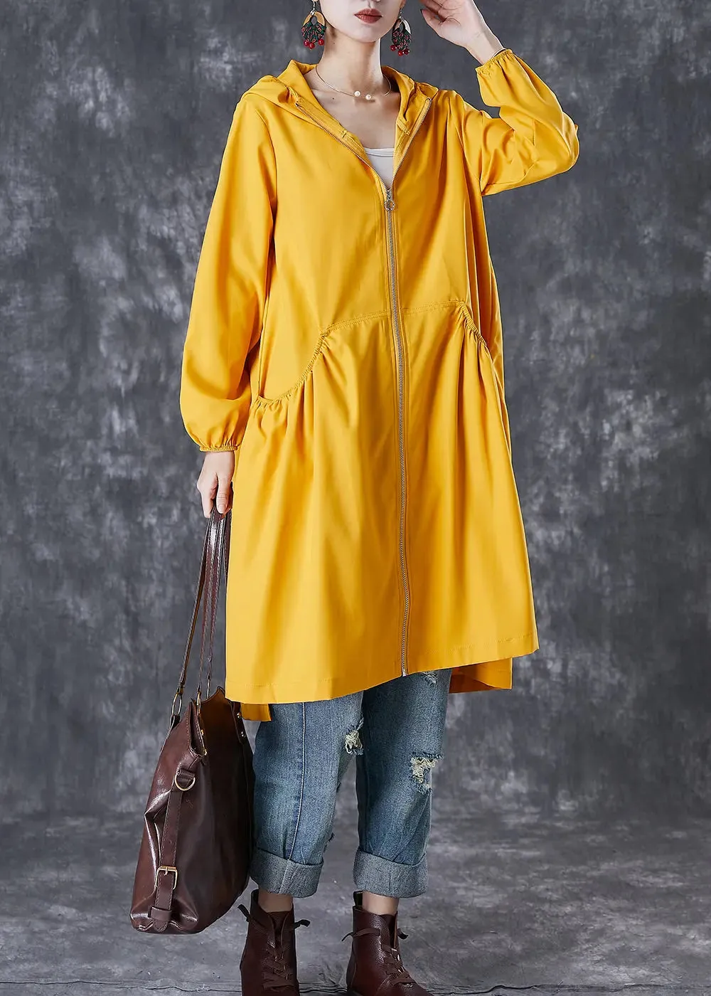 French Yellow Hooded Pockets Trench Coats Fall ML2984