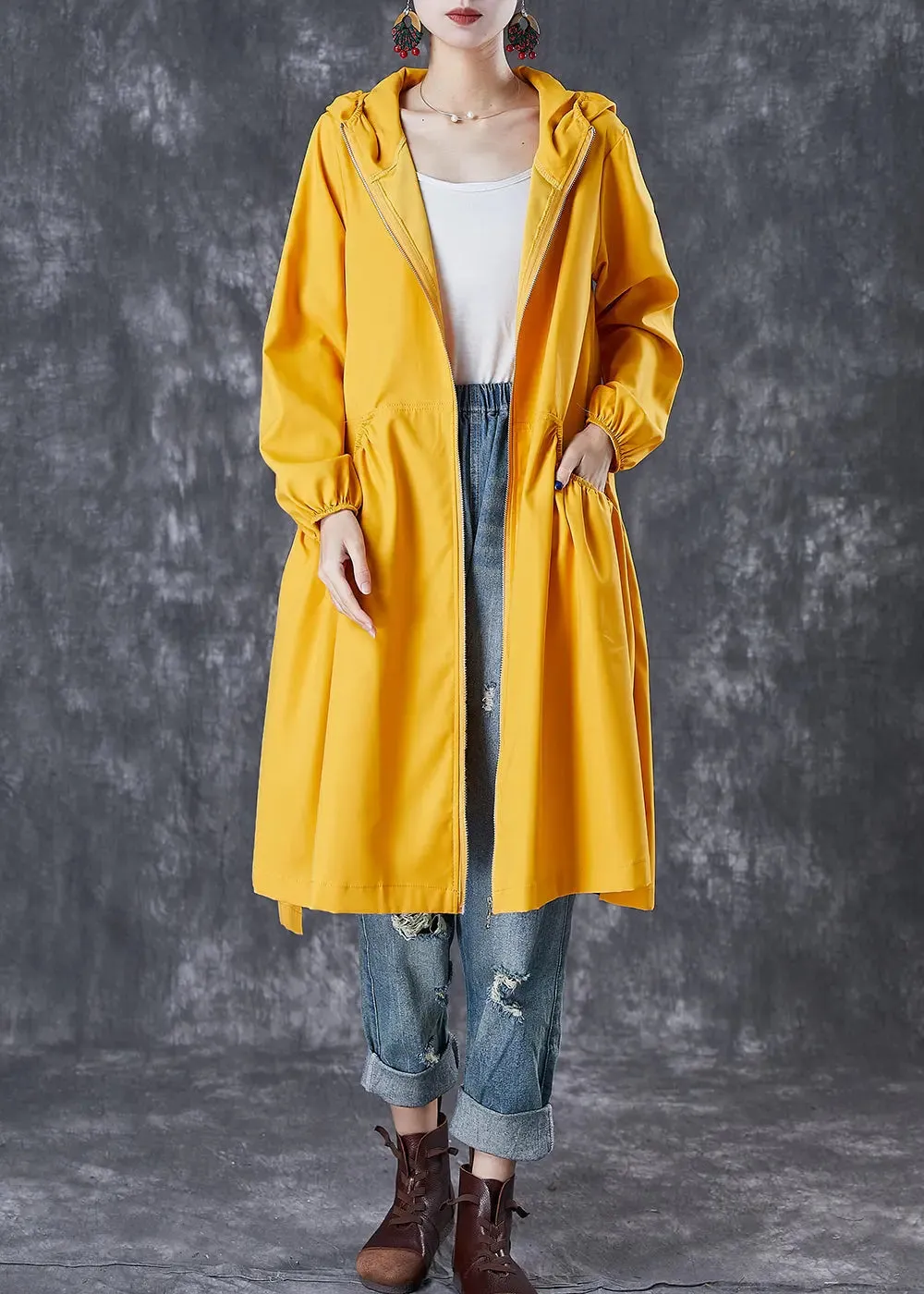 French Yellow Hooded Pockets Trench Coats Fall ML2984