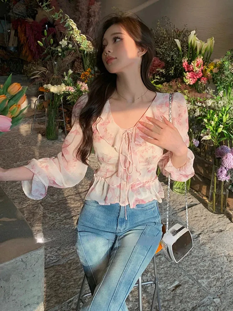 Girlary Chiffon Print Elegant Vintage Blouse Women Flare Sleeve Fairy Sweet Blouse Female Ruffles France Style Causal Tops Summer