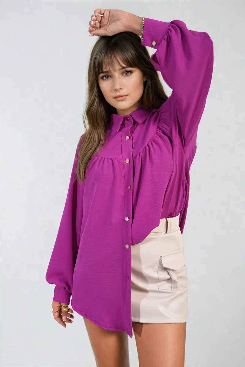 High Neckline Button Front Balloon Sleeve Top