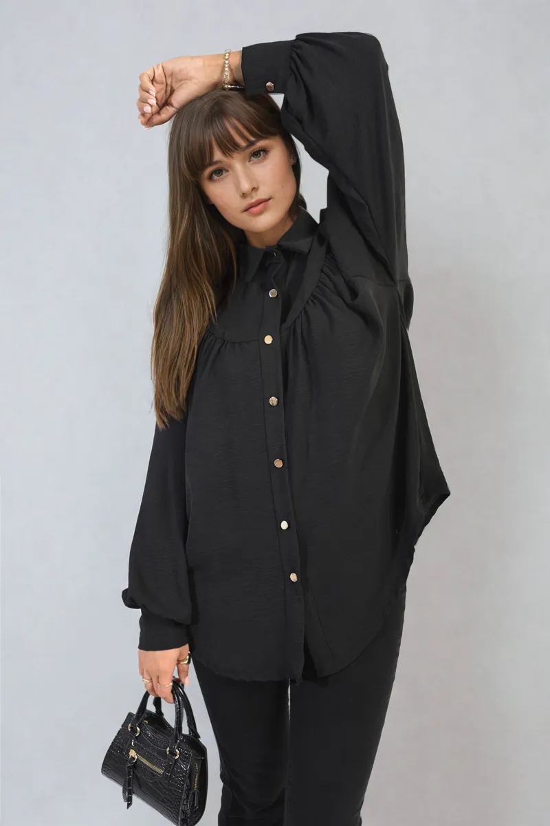 High Neckline Button Front Balloon Sleeve Top