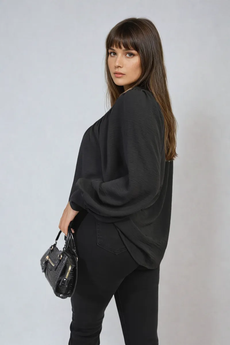 High Neckline Button Front Balloon Sleeve Top