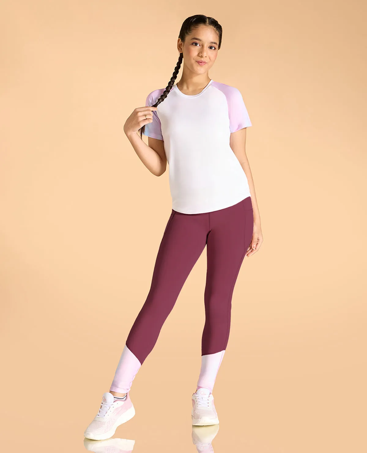 High Waisted Colourblock Stretchable Leggings For Girls