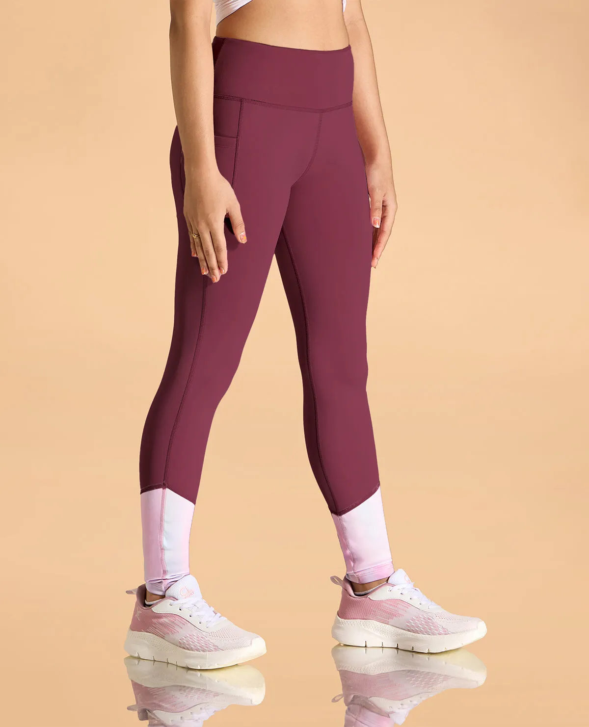 High Waisted Colourblock Stretchable Leggings For Girls