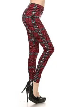 iZZYZX Women's Plus Burgundy Digital Plaid Pattern Printed Leggings