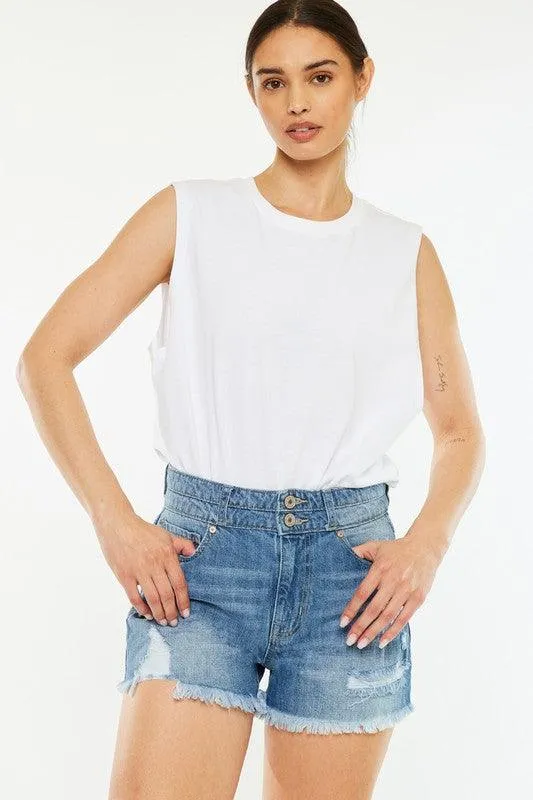 Kancan High Rise Frayed Hem Jean Shorts