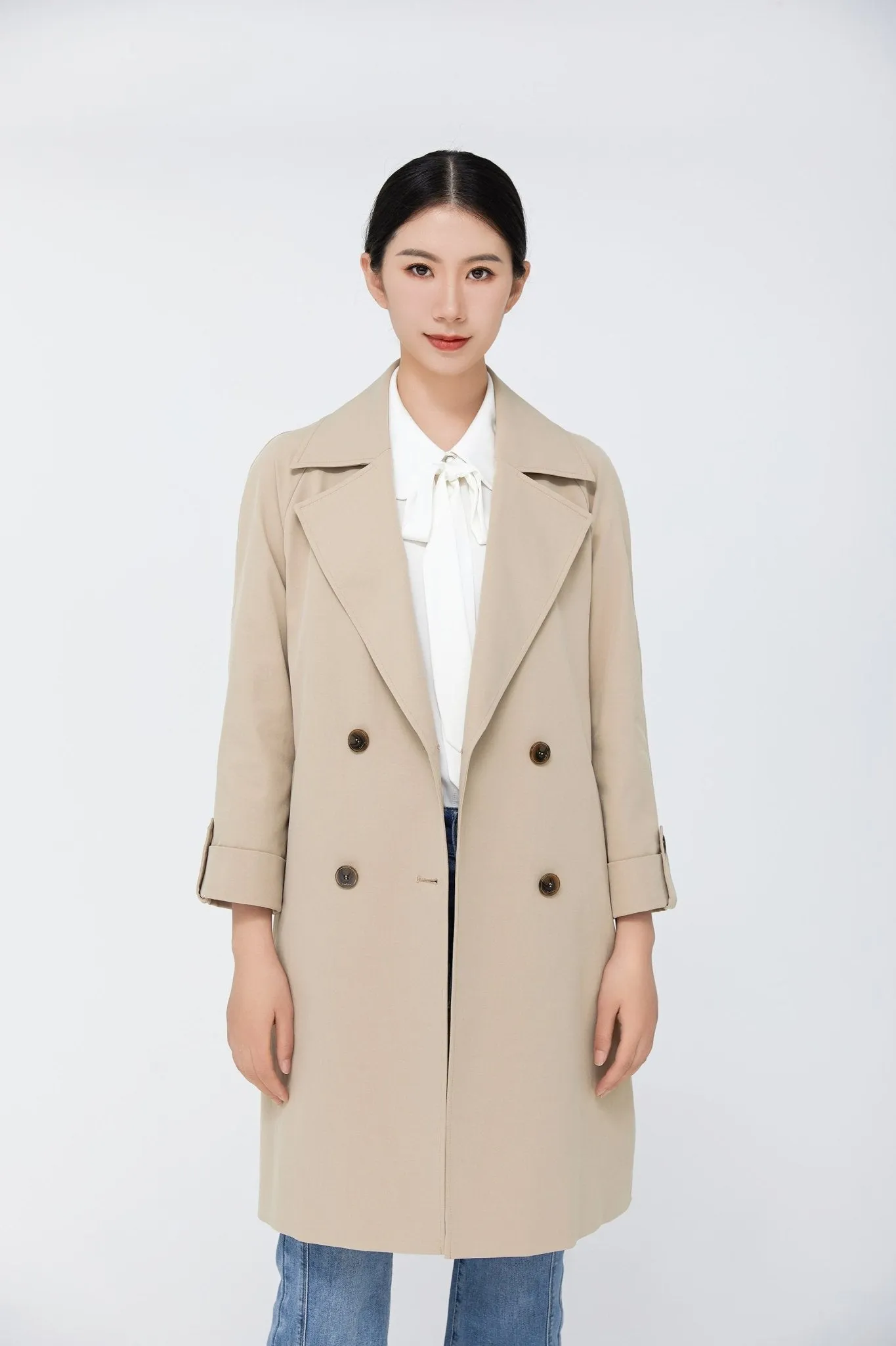 Khaki Double Breasted Collar Belted Trench Coat