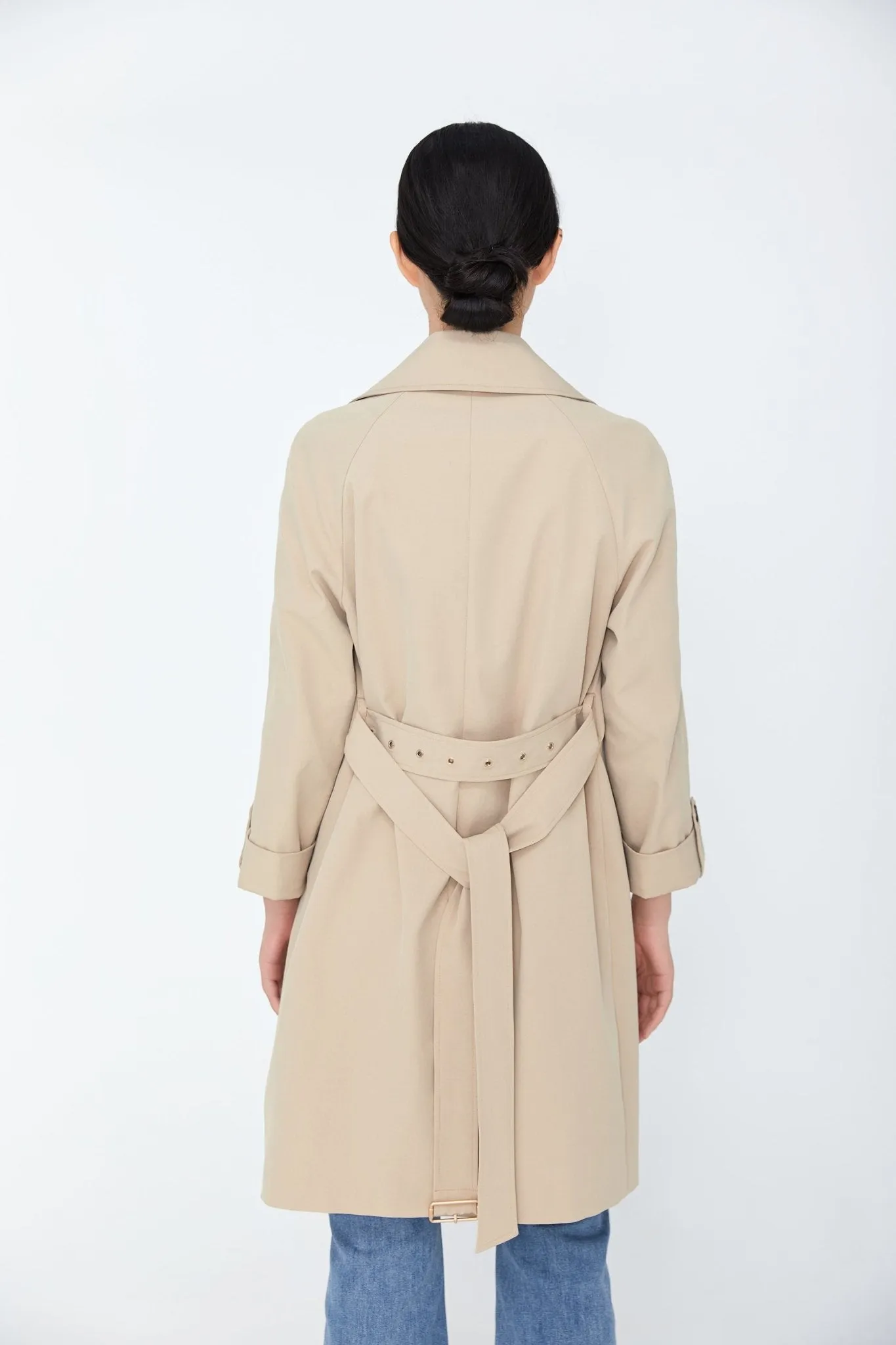 Khaki Double Breasted Collar Belted Trench Coat