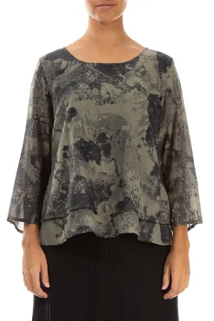 Layered Silver Sage Marble Silk Cotton Blouse