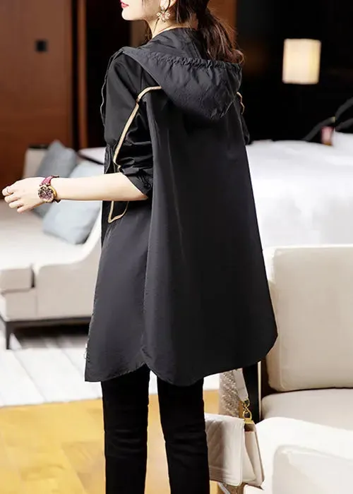 Loose Black Hooded Pockets Patchwork Cotton Trench Coat Long Sleeve ML0994