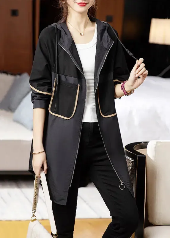 Loose Black Hooded Pockets Patchwork Cotton Trench Coat Long Sleeve ML0994