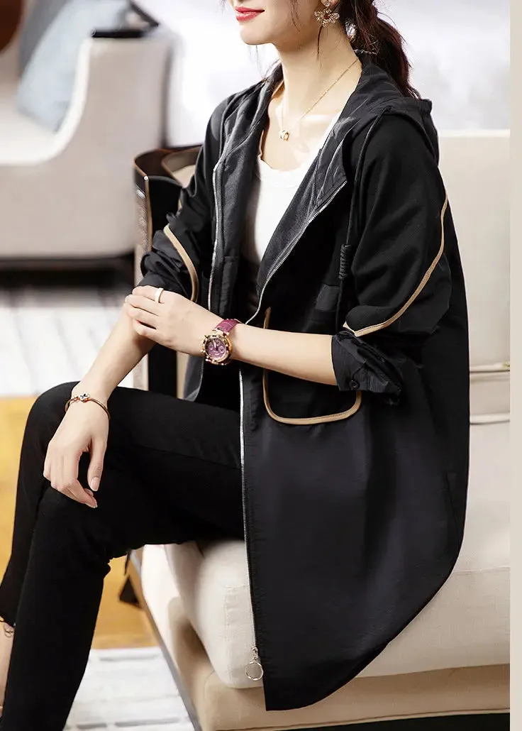 Loose Black Hooded Pockets Patchwork Cotton Trench Coat Long Sleeve ML0994