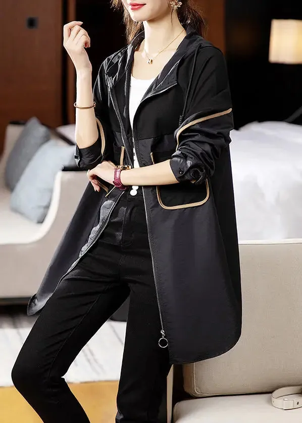 Loose Black Hooded Pockets Patchwork Cotton Trench Coat Long Sleeve ML0994